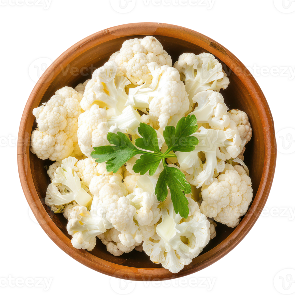 Pieces of Cauliflower in a bowl top view isolate on transparency background png
