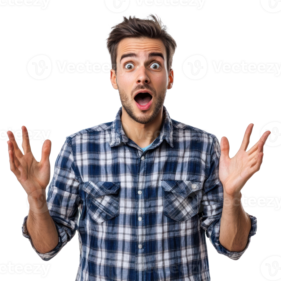 Attractive Young man Surprised amazing gesture front view isolate on transparency background png