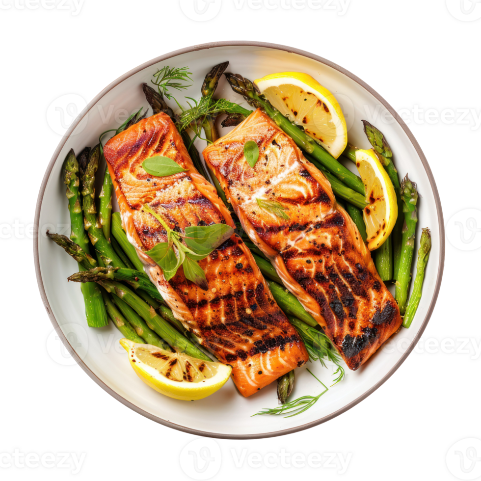 grilled salmon and asparagus on a plate with lemon slices isolate on white background png