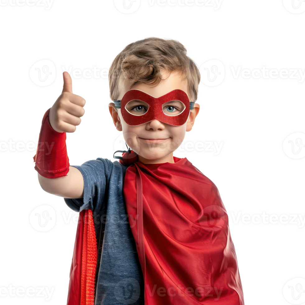 little boy wearing superhero red cape and mask with hand gesture giving thumb up front view isolate on transparency background png