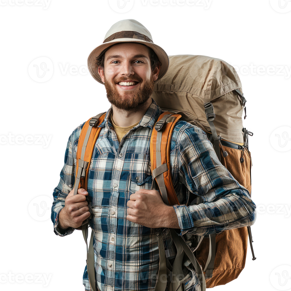 Smiling hiker man carrying backpack front view isolate on transparency background png