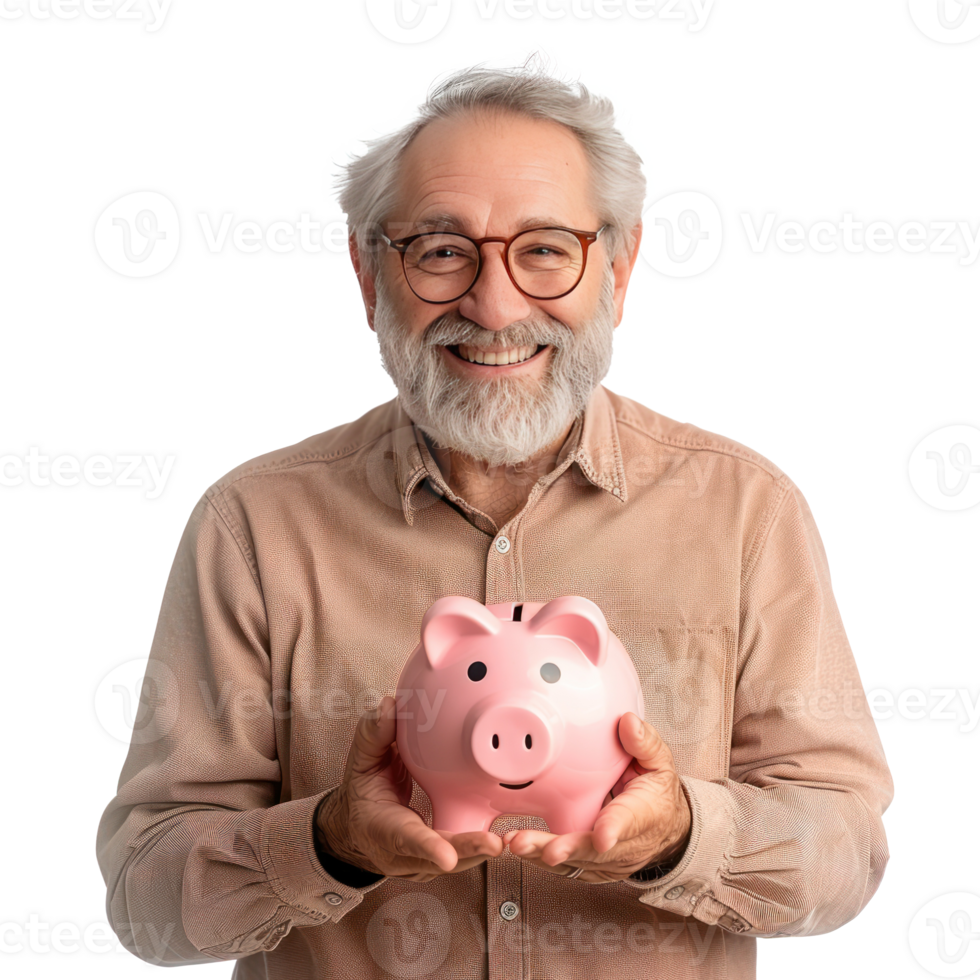 Smiling senior man holding piggy bank front view isolate on transparency background png
