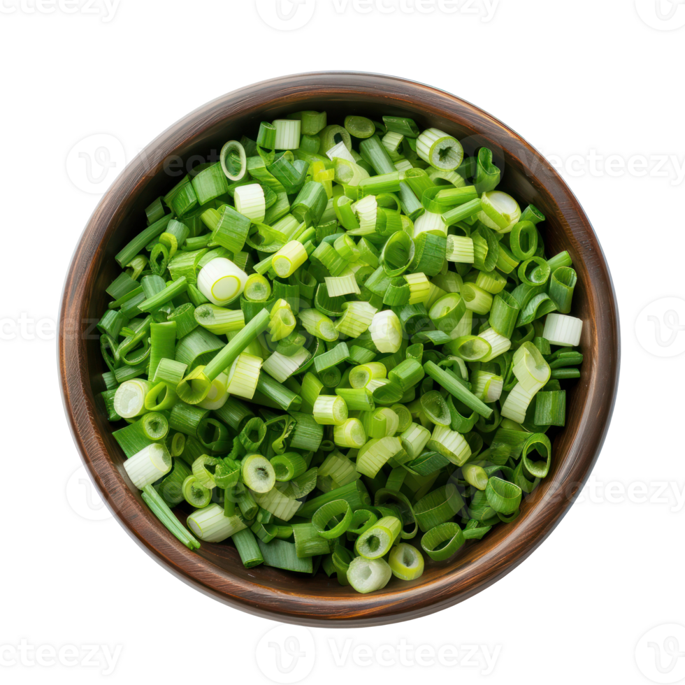 Chopped green onions in bowl top view isolate on transparency background png