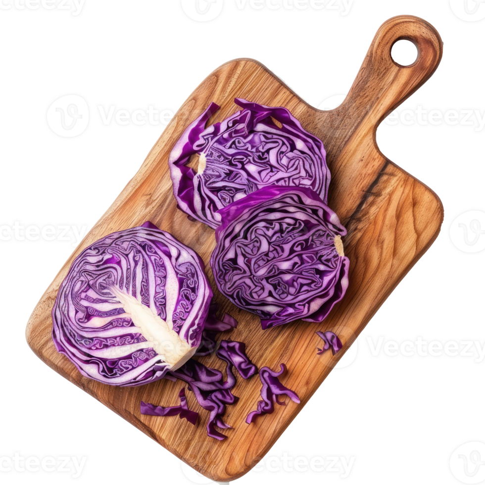 Sliced Purple Cabbage on chopping board top view isolate on transparency background png