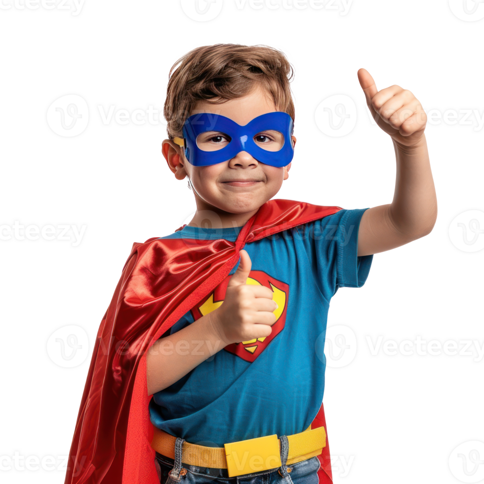 little boy wearing superhero red cape and mask with hand gesture giving thumb up side view isolate on transparency background png