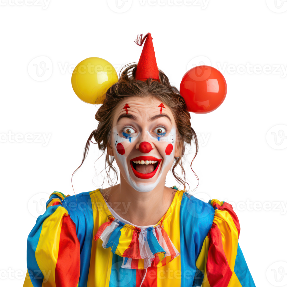 Smiling young female in clown costume acting surprise standing front view isolate on transparency background png