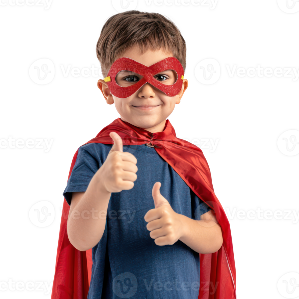 little boy wearing superhero red cape and mask with hand gesture giving thumb up front view isolate on transparency background png