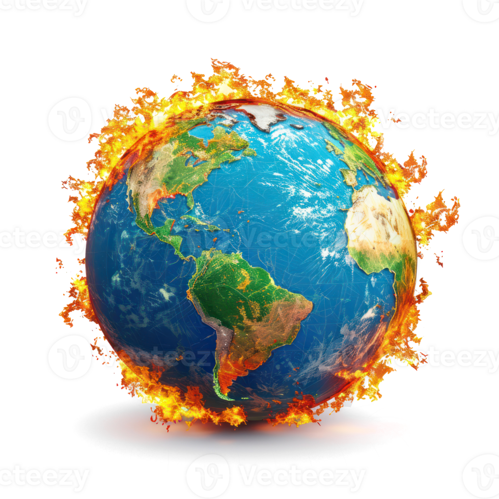 globe earth on fire climate change concept map front view isolate on transparency background png