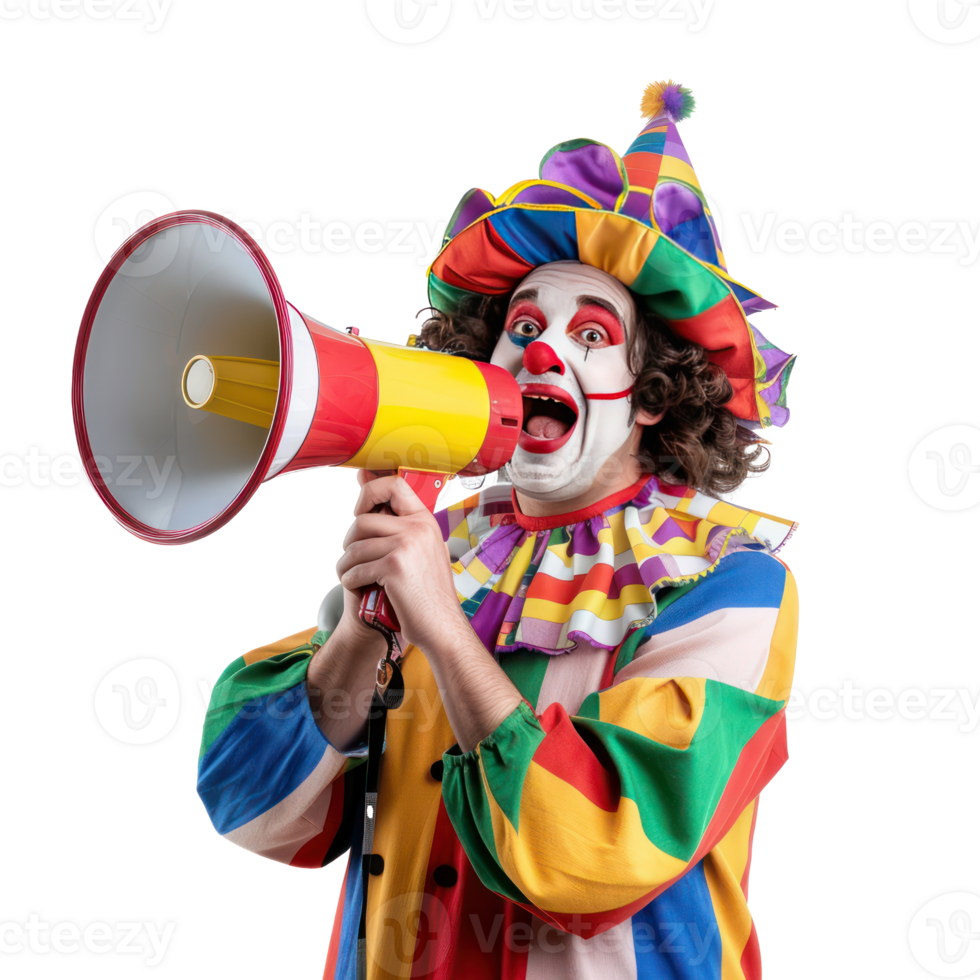 Friendly smiling person in clown costume holding megaphone front view isolate on transparency background png