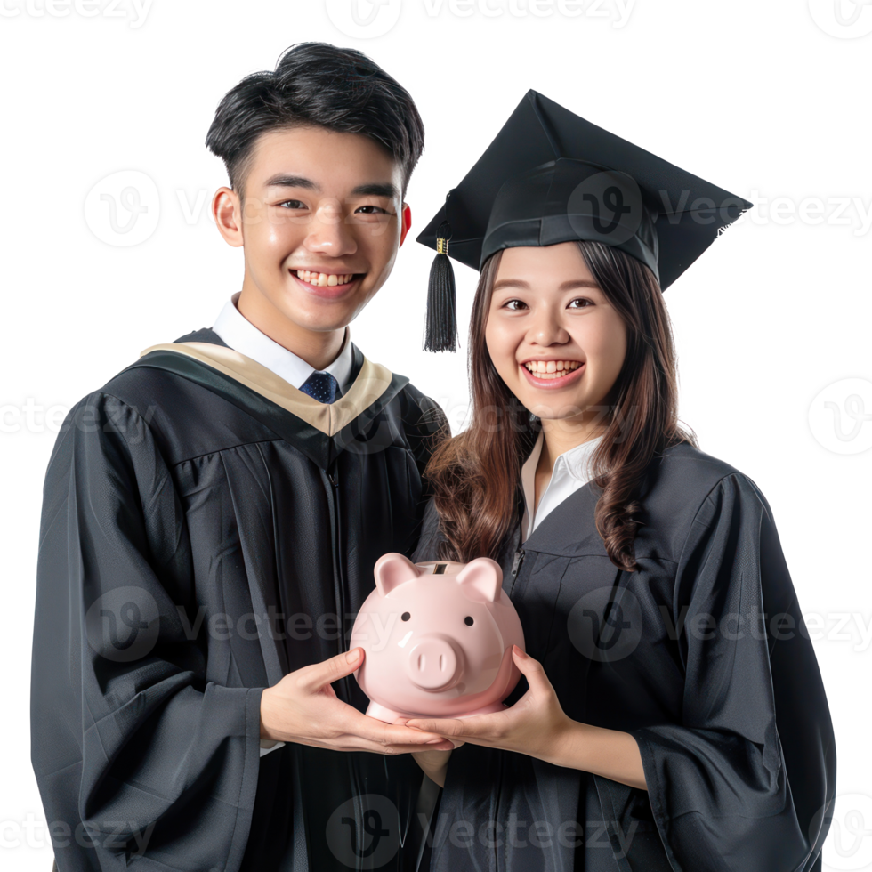 Smiling young man and woman wearing graduation gown uniform standing with hand holding piggy bank side view isolate on transparency background png
