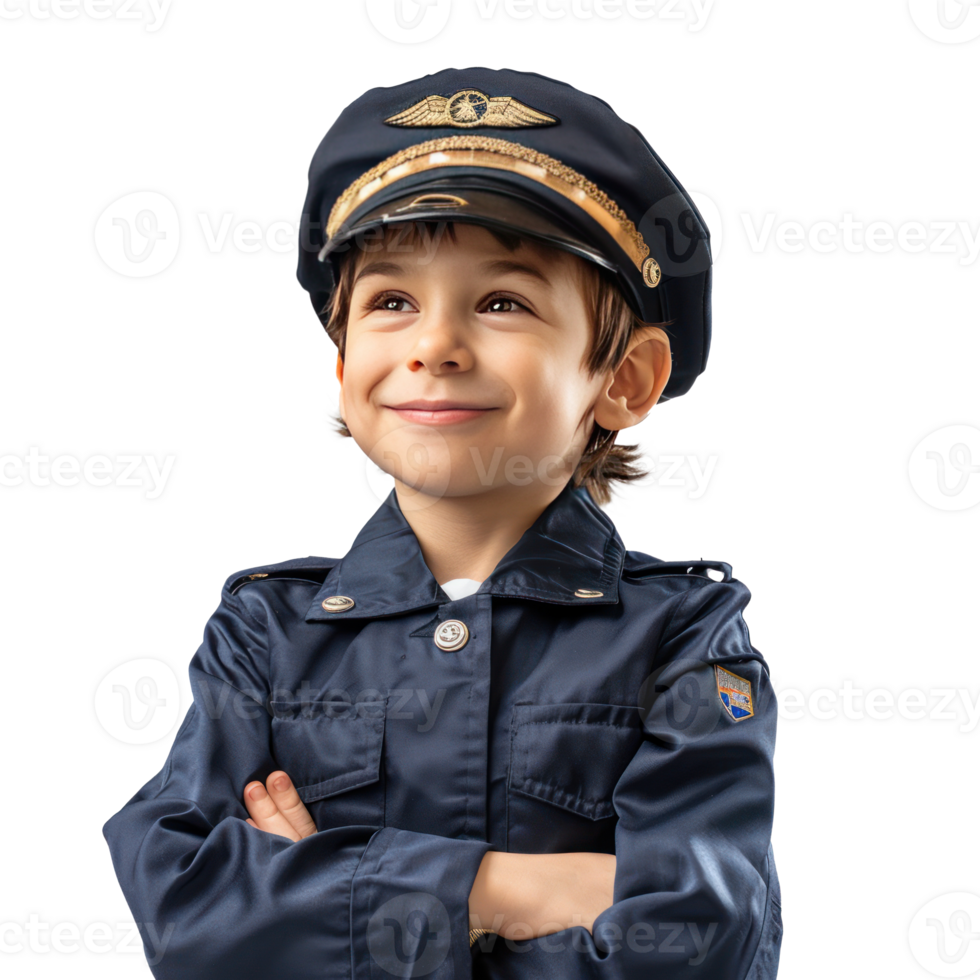 Smiling little boy wearing pilot uniform standing side view isolate on transparency background png