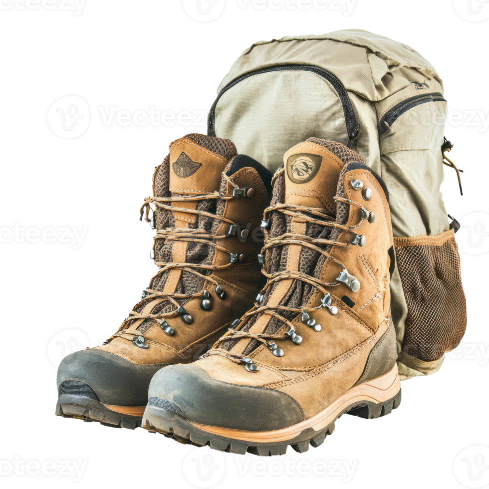 hiking boots and backpack front view isolate on transparency background png