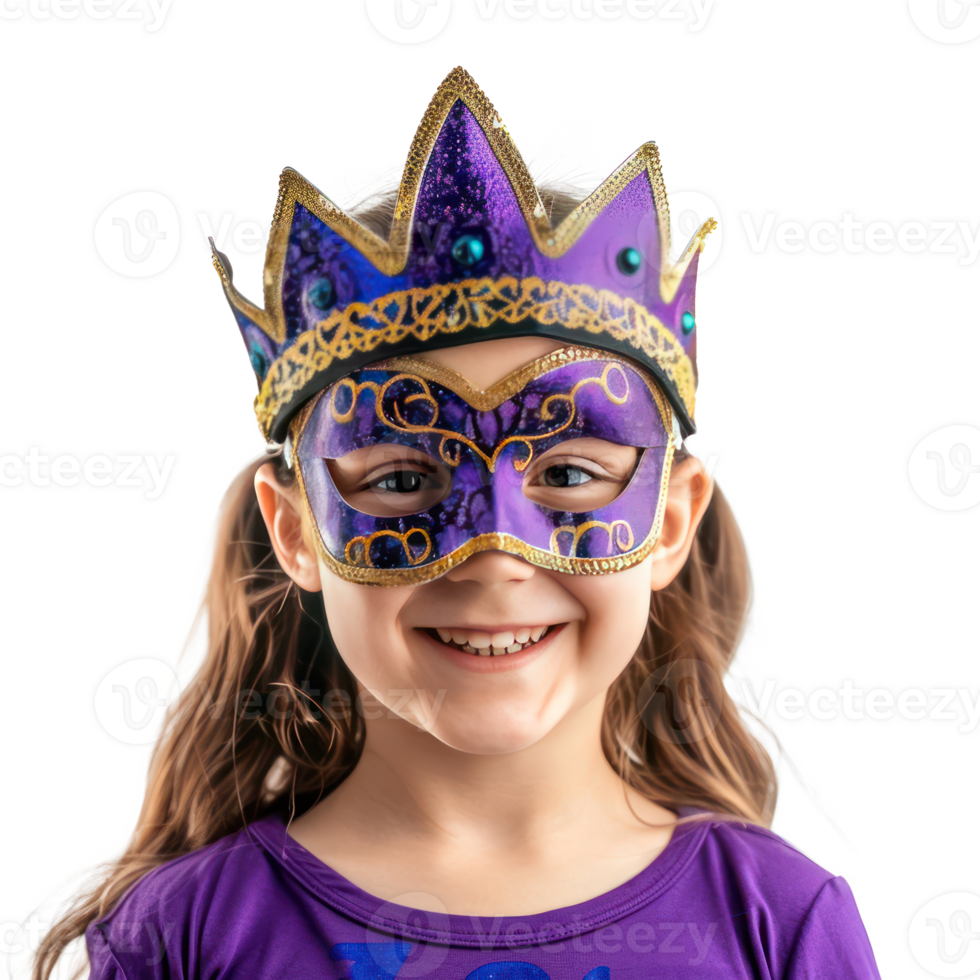 Smiling little girl with Mardi Gras mask front view isolate on transparency background png