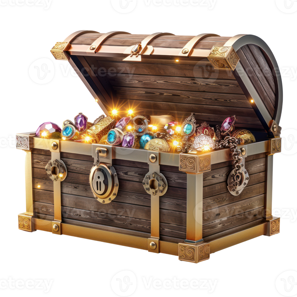 Treasure chest filled with gold, jewelry, and gems, 3d render style front view isolate on transparency background png