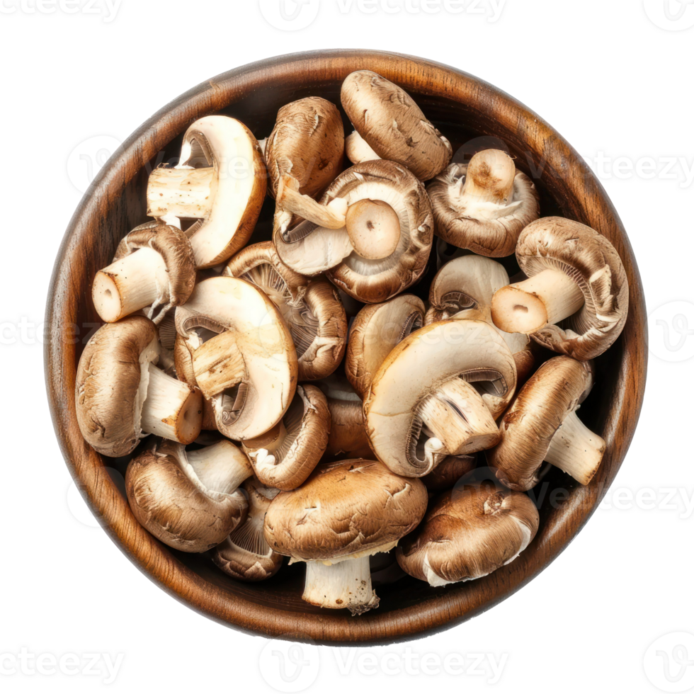 champignon mushrooms in a bowl top view isolate on transparency background png