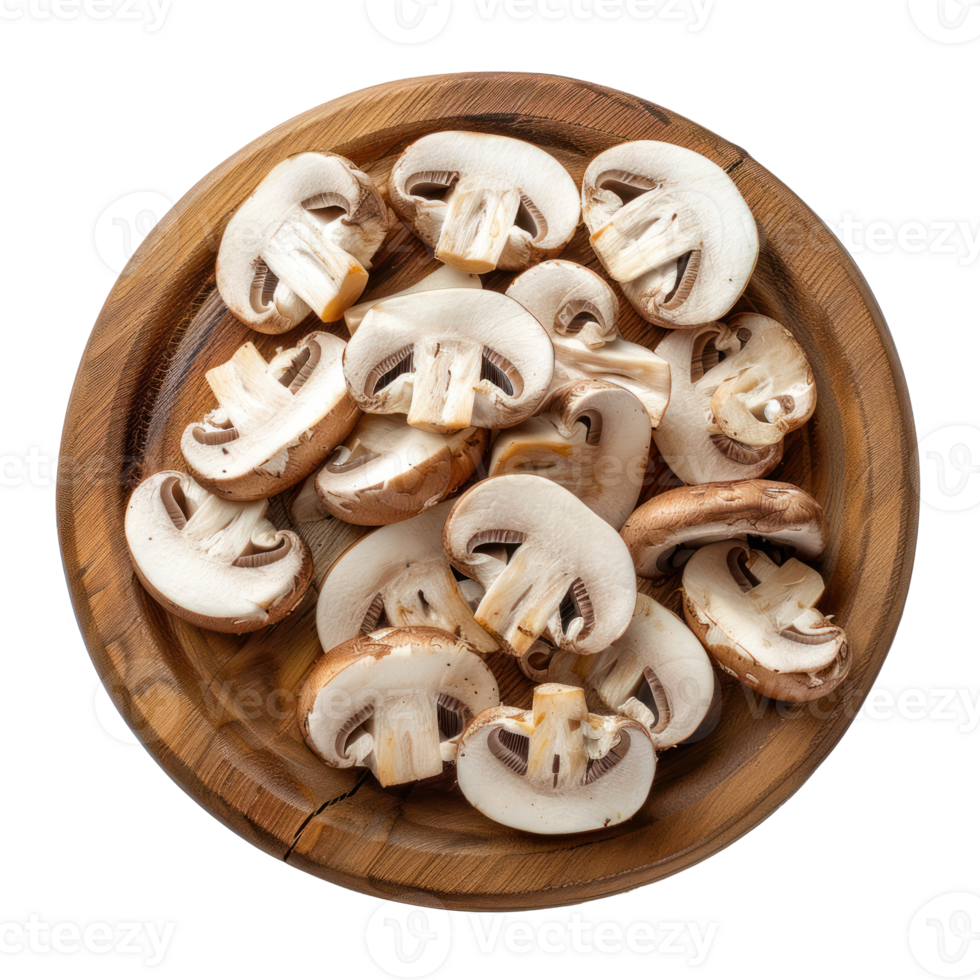 Sliced champignon mushrooms on chopping board top view isolate on transparency background png