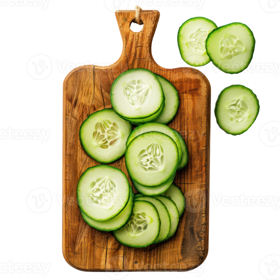 Sliced Cucumber on chopping board top view isolate on transparency background png