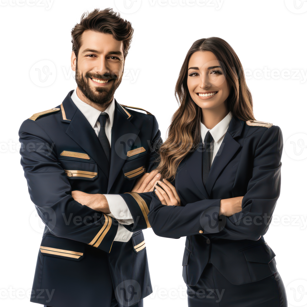 Friendly smiling pilot and flight attendant standing isolate on transparency background png