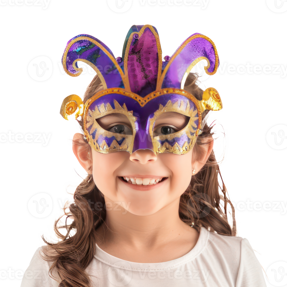 Smiling little girl with Mardi Gras mask front view isolate on transparency background png
