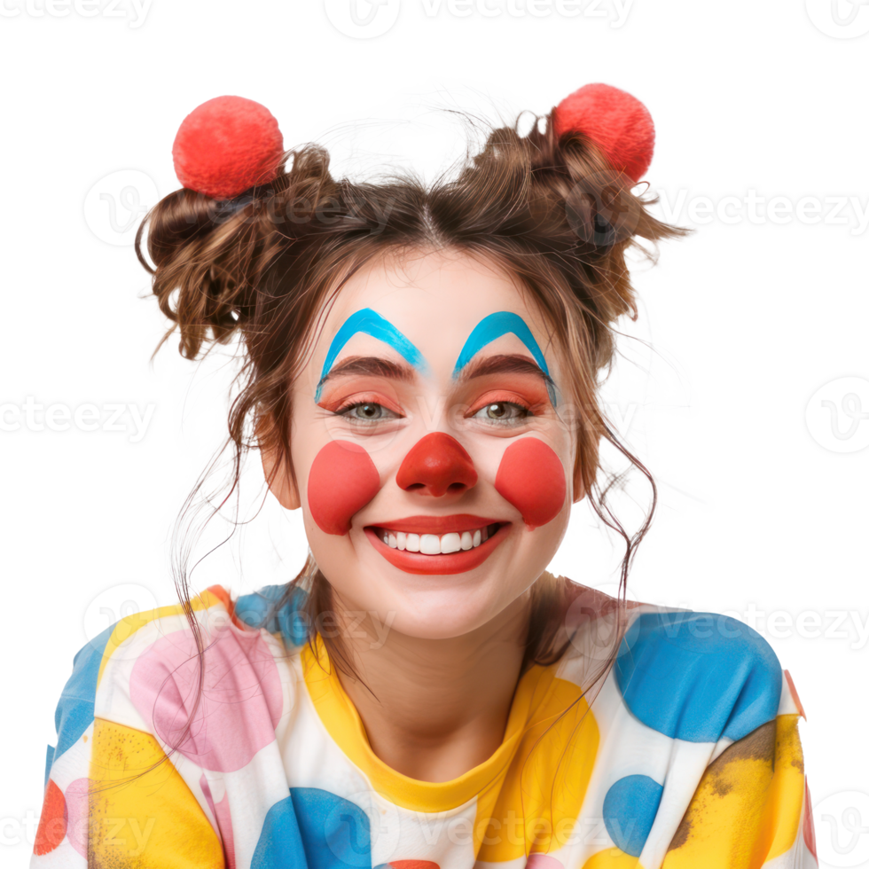 Cheerful young female as colorful clown smiling isolate on transparency background png