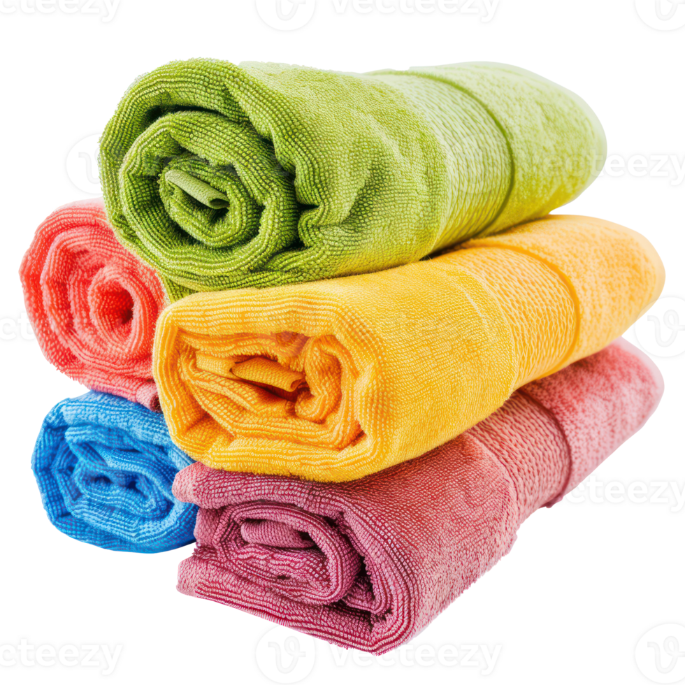 Colorful rolled towels for bath room front view isolate on transparency background png