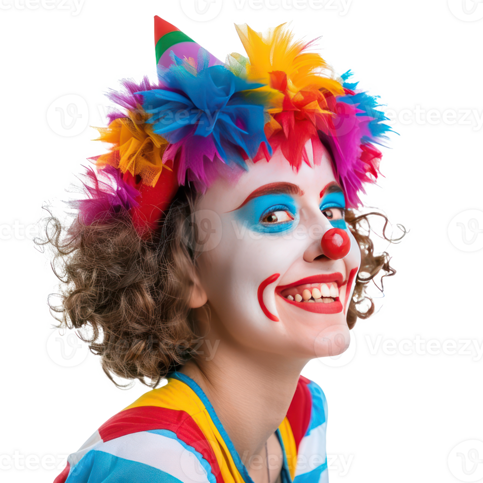 Cheerful young female as colorful clown smiling side view isolate on transparency background png