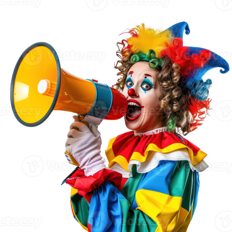 Friendly smiling person in clown costume holding megaphone side view isolate on transparency background png