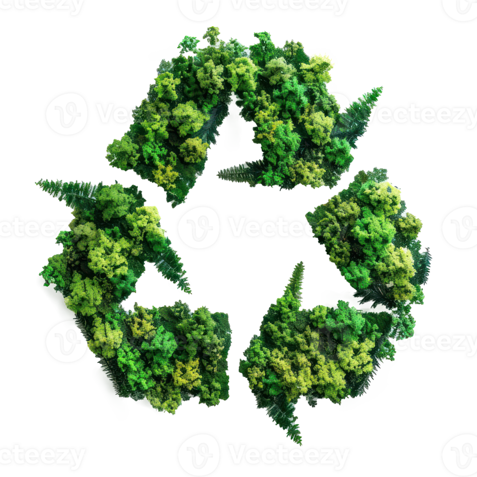 Recycle sign made of green trees top view isolate on transparency background png