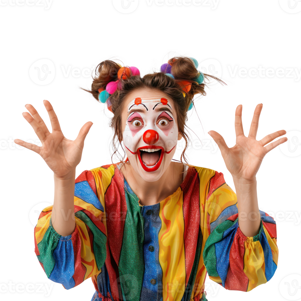 Smiling young female in clown costume acting surprise standing front view isolate on transparency background png