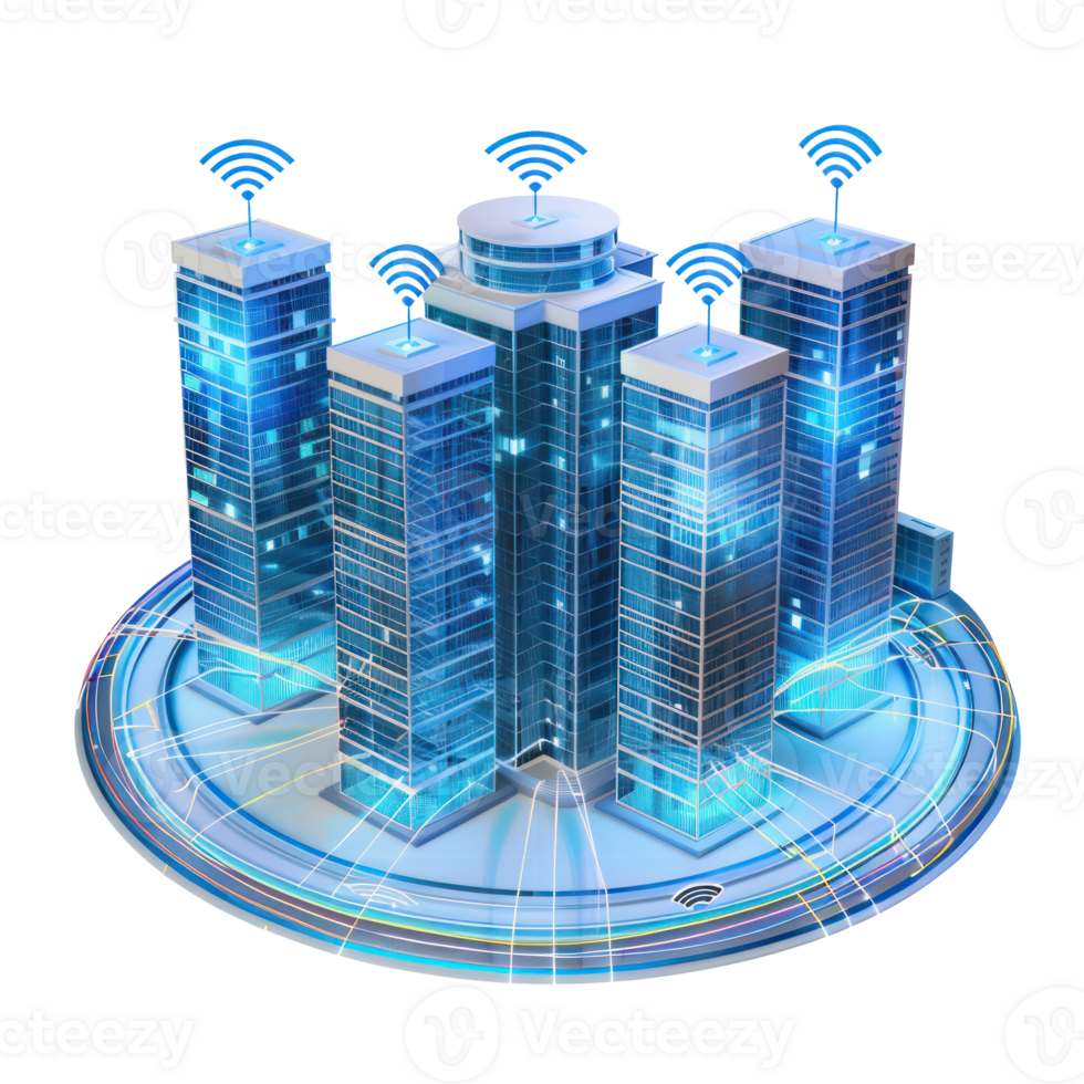 realistic 3 buildings with wifi antennas connected. the buildings are also connected with fiber optics in a circular fashion all around png