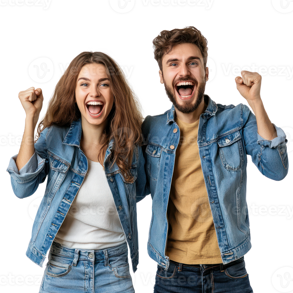 Excited young couple rejoicing success gesture, standing front view isolate on transparency background png
