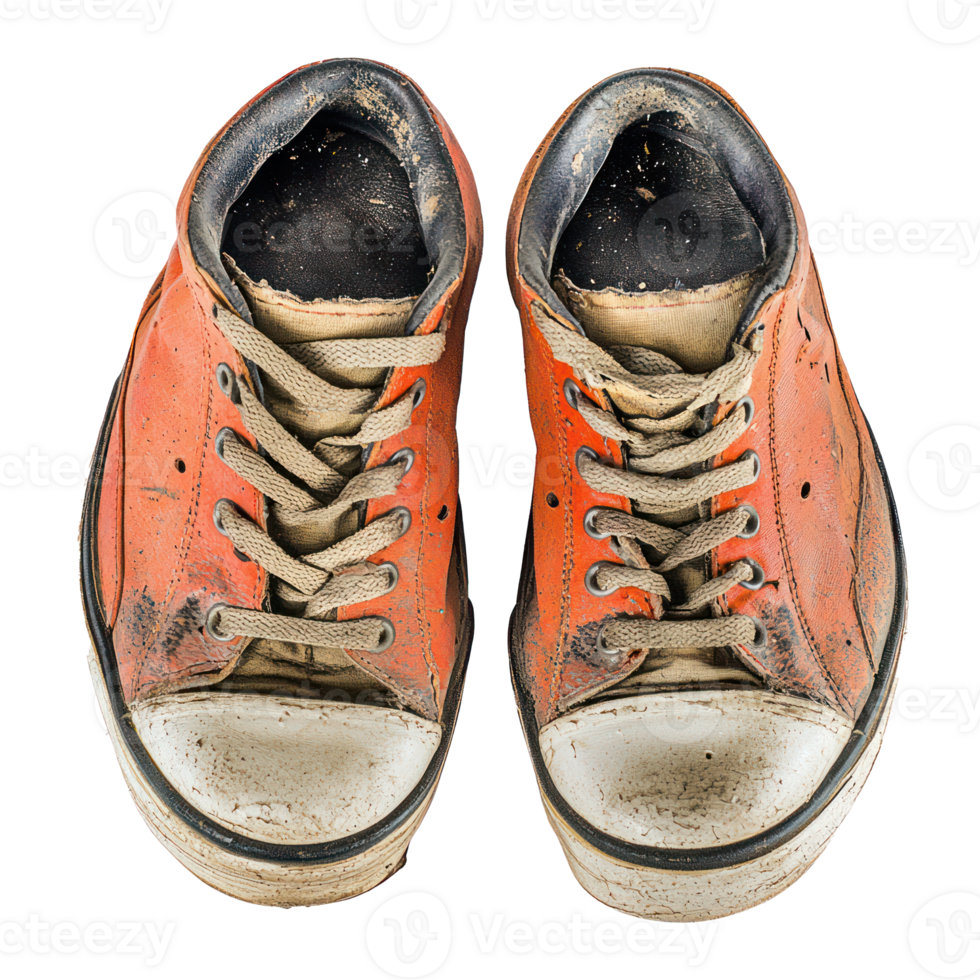 Old vintage damaged sport shoes front view isolate on transparency background png