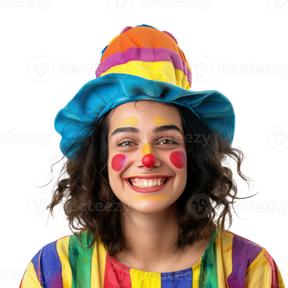 Cheerful young female as colorful clown smiling front view isolate on transparency background png