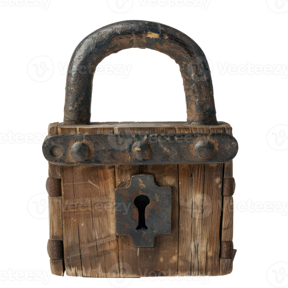 padlock with a wooden structure, set against a completely plain white background png