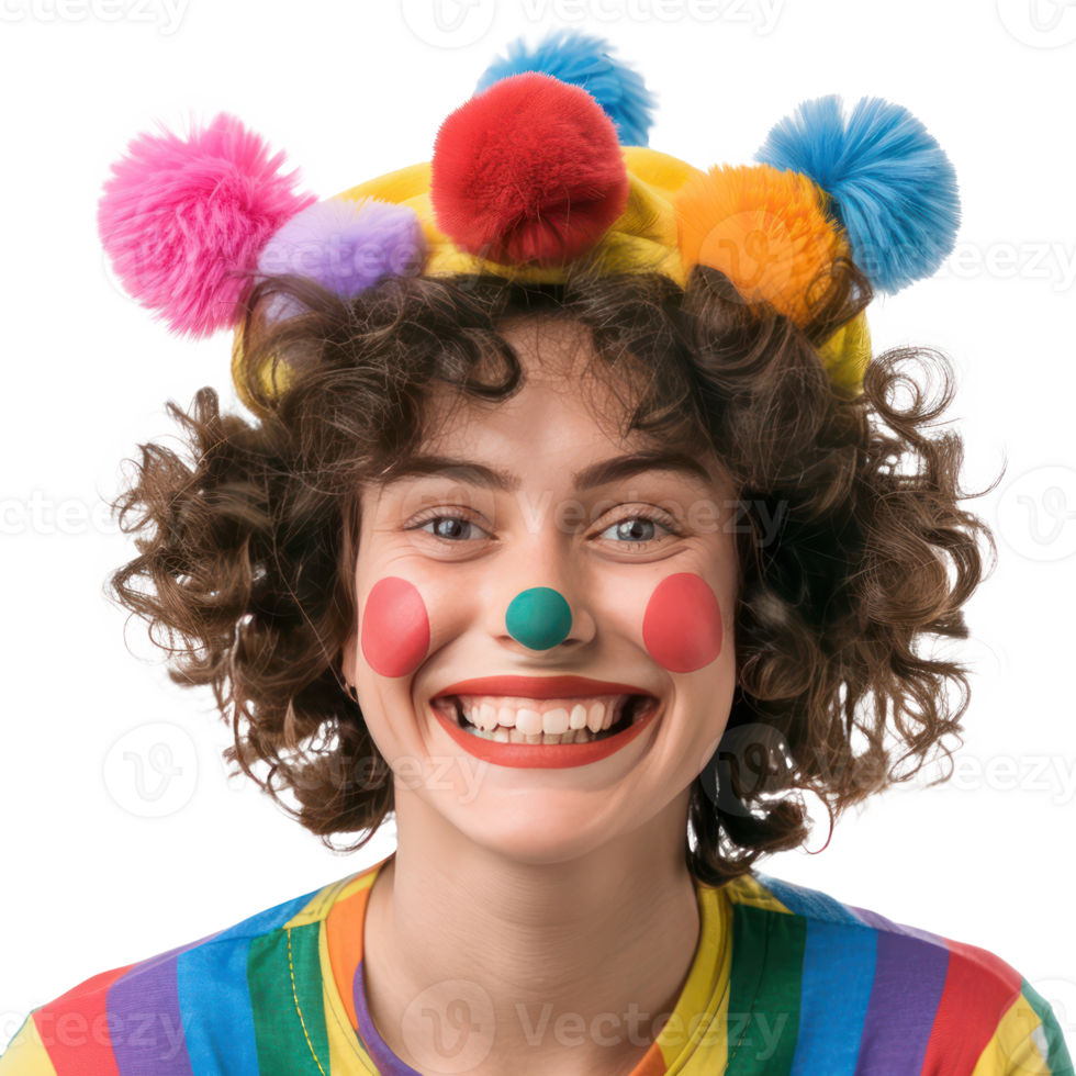 Cheerful young female as colorful clown smiling front view isolate on transparency background png