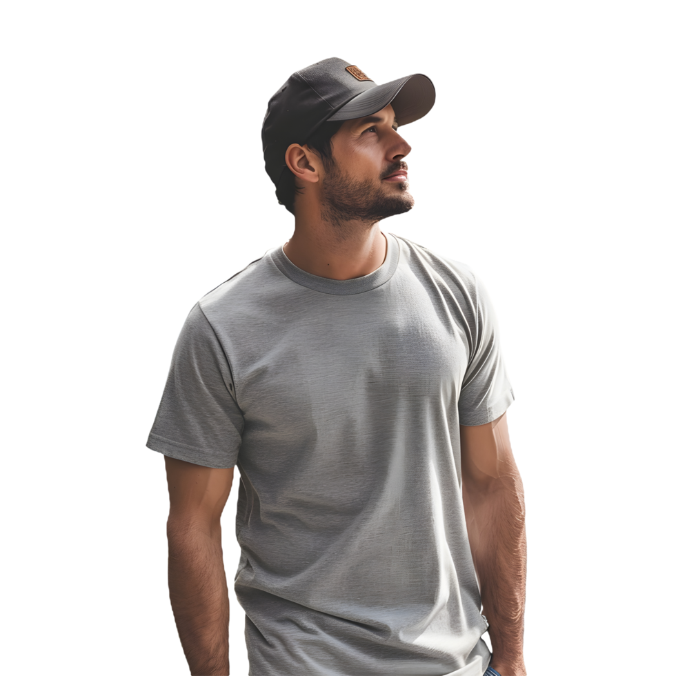man in a gray t - shirt and cap looking up png