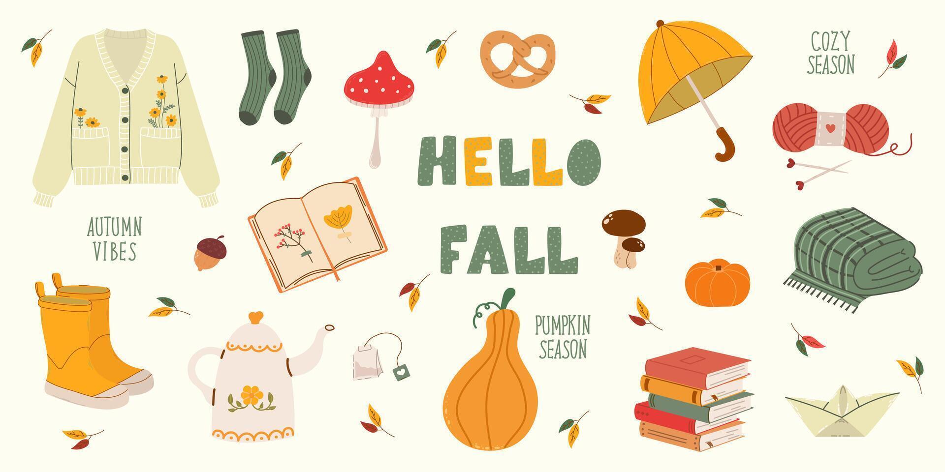 Collection of Autumn set elements. Leaves, acorns, sweater, pumpkin, boots, mushrooms. Cozy seasonal elements and stickers for planners, invitations and collages for scrapbooking vector