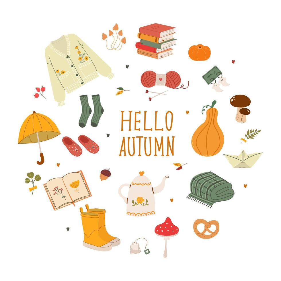 set of fall elements. Hello autumn. Cozy autumn illustration. Leaves, acorns, sweater, pumpkin, boots, mushrooms, for holiday cards, invitations and holiday decorations. vector