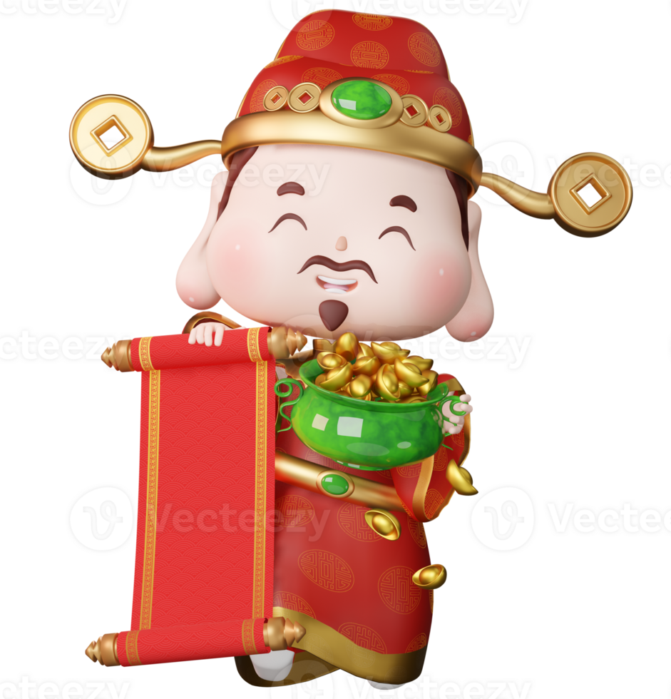 Cute traditional God of Wealth holding scroll and cornucopia 3D rendering illustration png