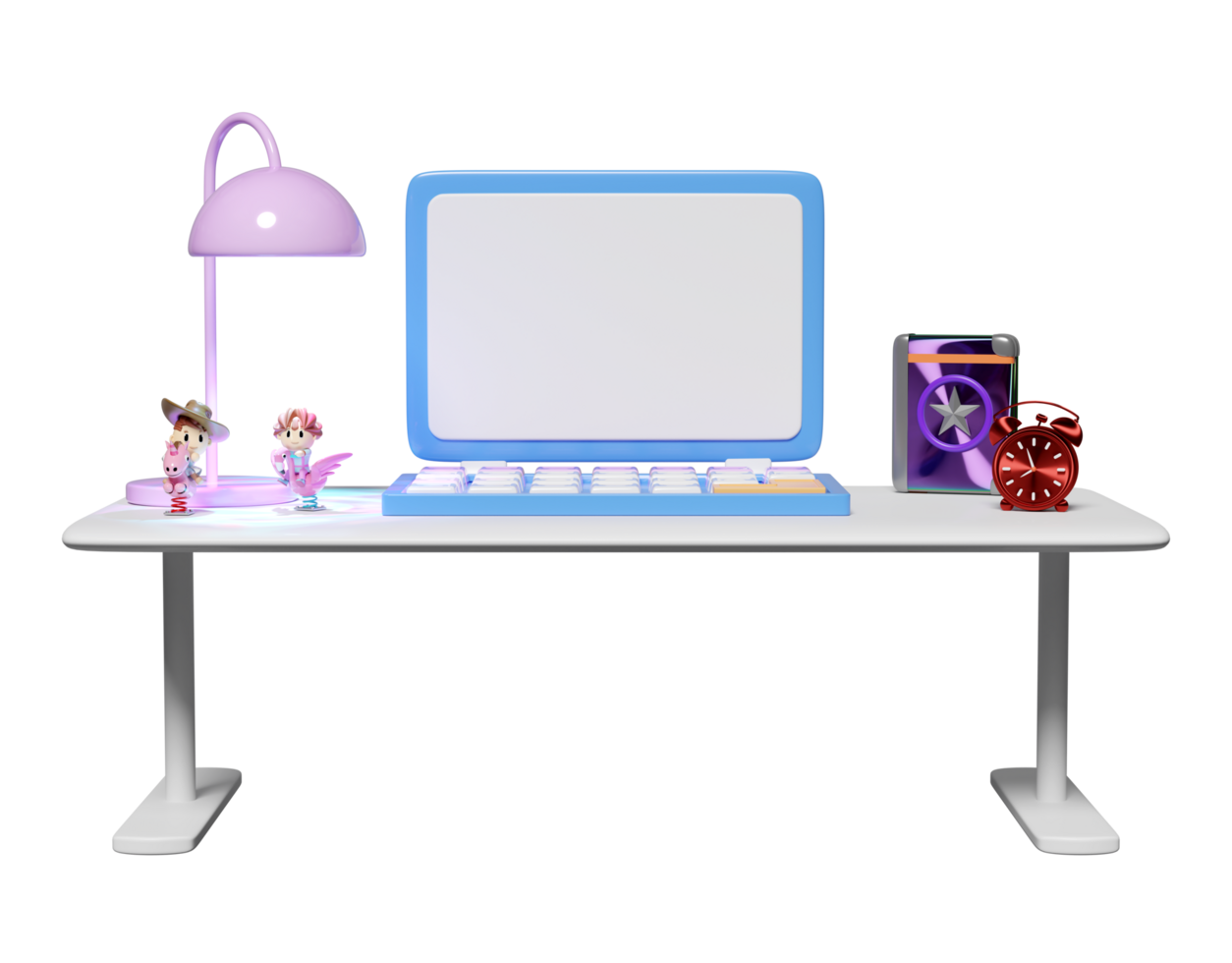 3d desk in office with laptop computer, textbook, book, toy, alarm clock, lantern isolated. 3d render illustration png