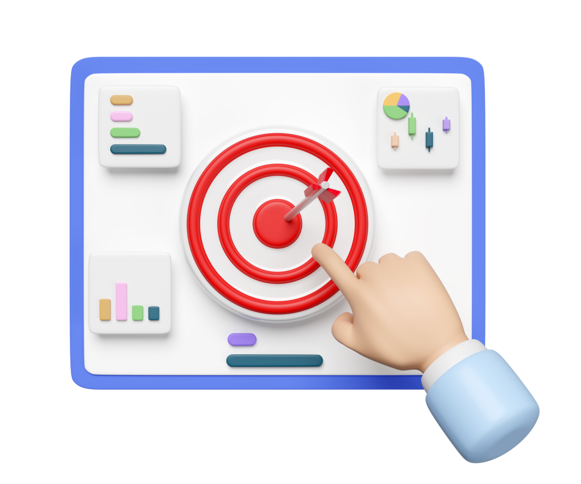 3d charts, graph with businessman hands pointing, check, analysis business financial data isolated. Online marketing business strategy, target search concept, 3d illustration render png
