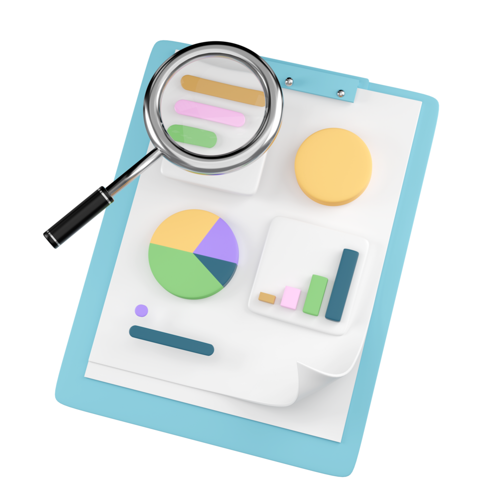 3d charts,graph with analysis business financial data, white clipboard checklist, magnifying isolated. business strategy concept, 3d illustration render png