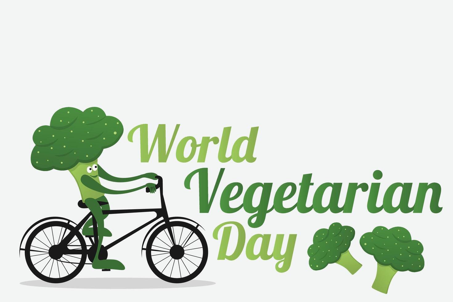 Happy broccoli character on bicycle. Vegetable Broccoli mascot. Vegetarian day poster or banner vector