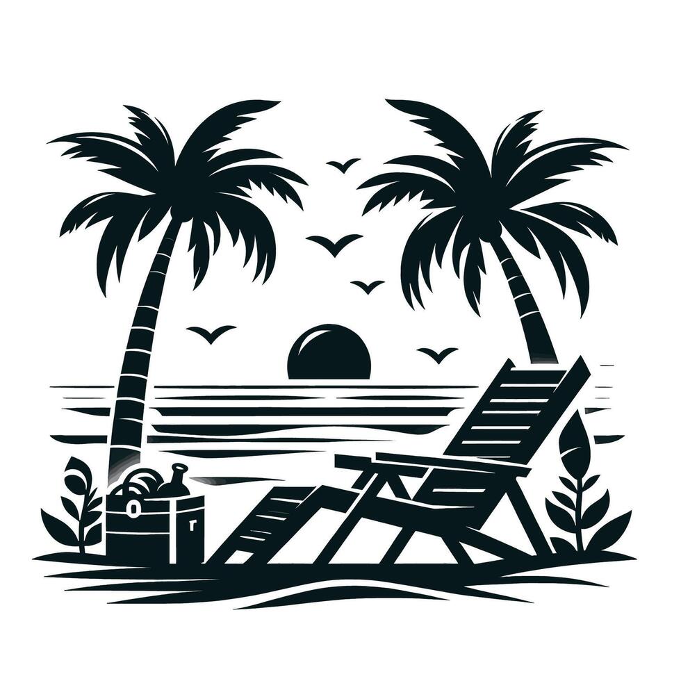 A beach scene with palm trees and a chair vector