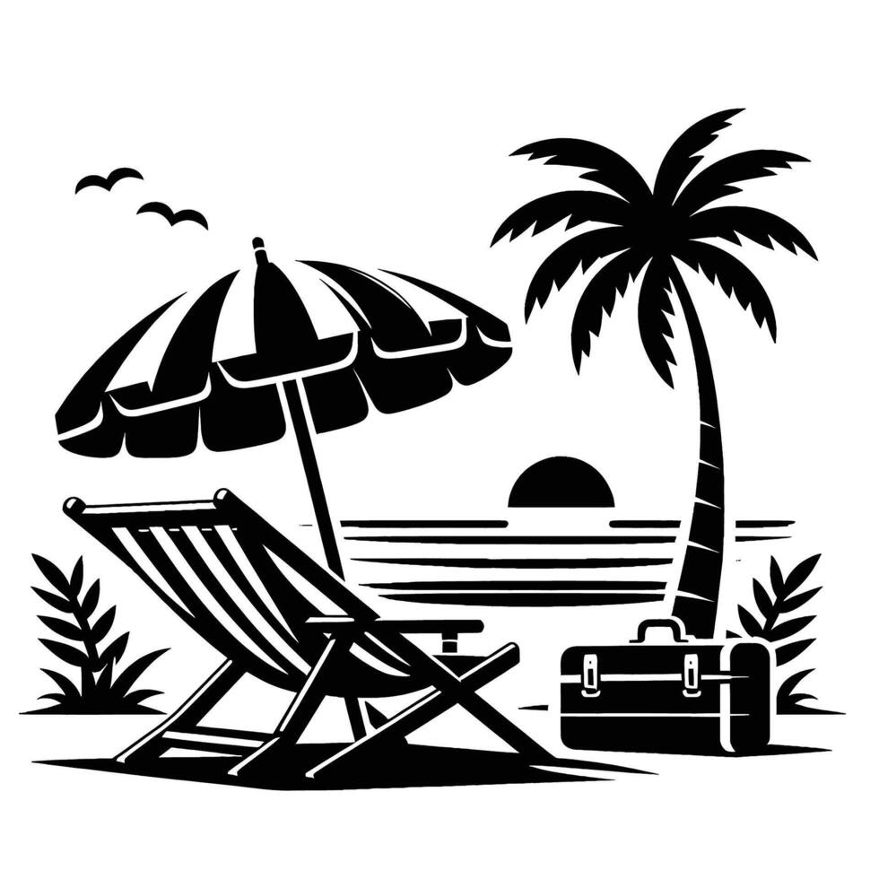 A beach scene with a chair and umbrella vector