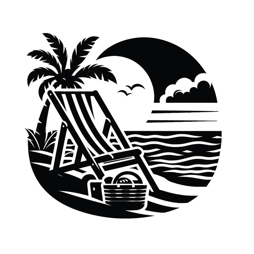 A black and white image of a beach chair and palm tree vector