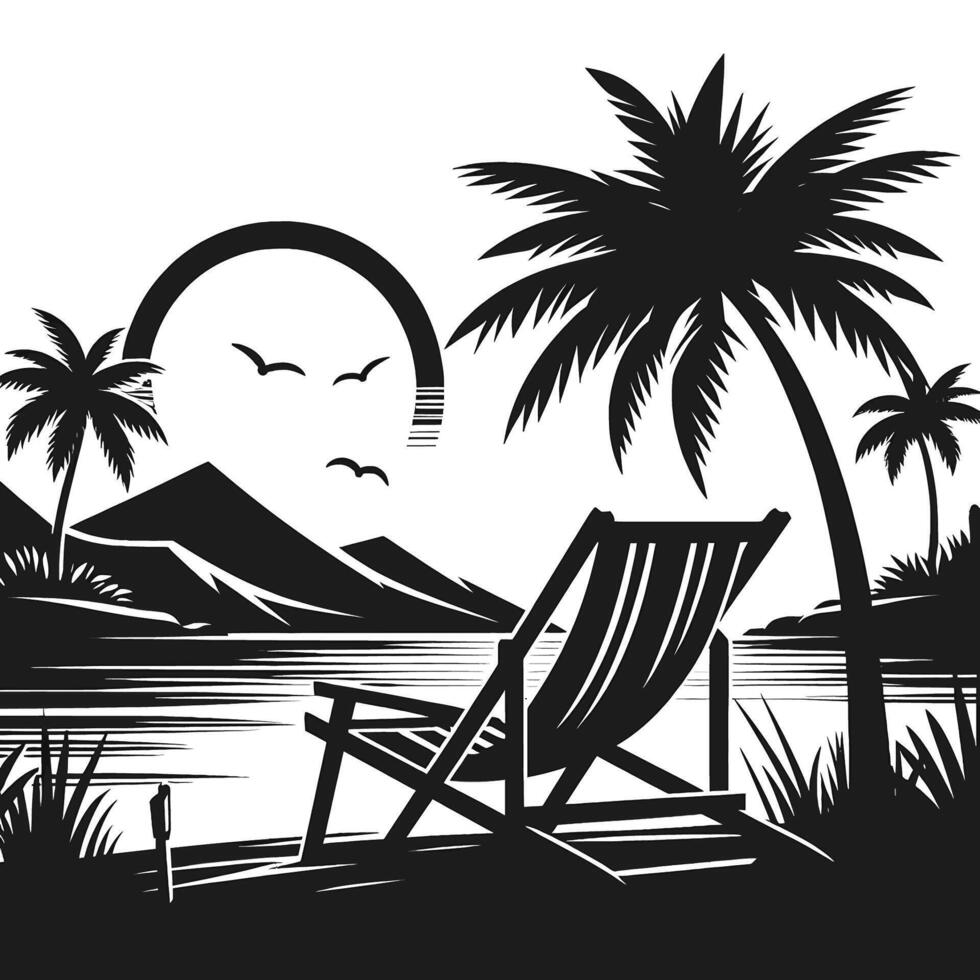 A black and white illustration of a chair and palm trees vector