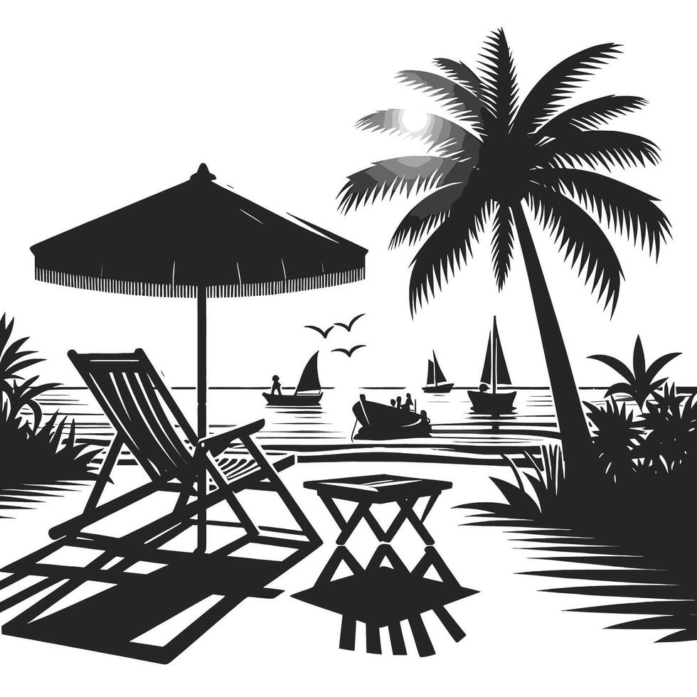 A black and white illustration of a beach chair and umbrella vector