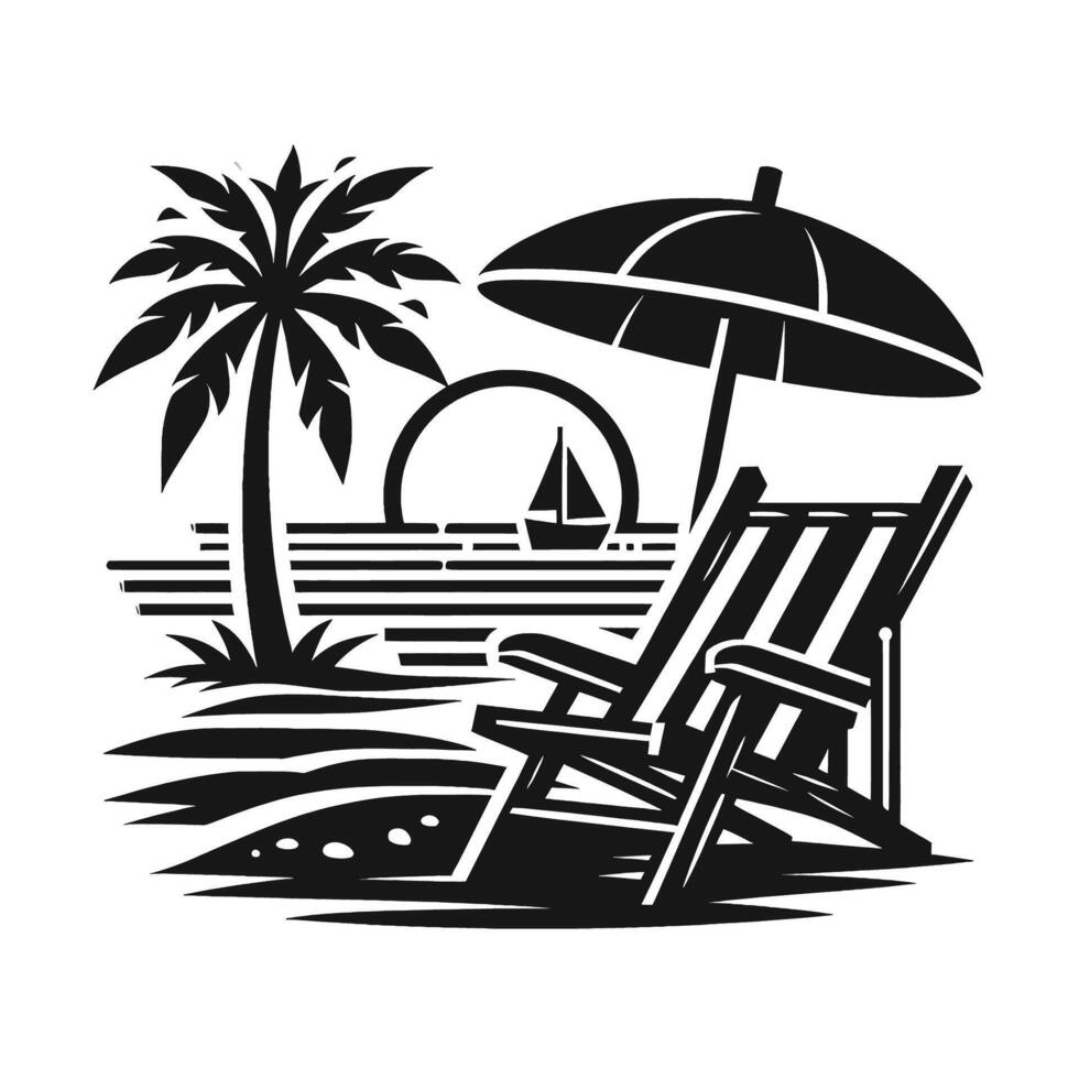 A black and white image of a beach chair and umbrella vector