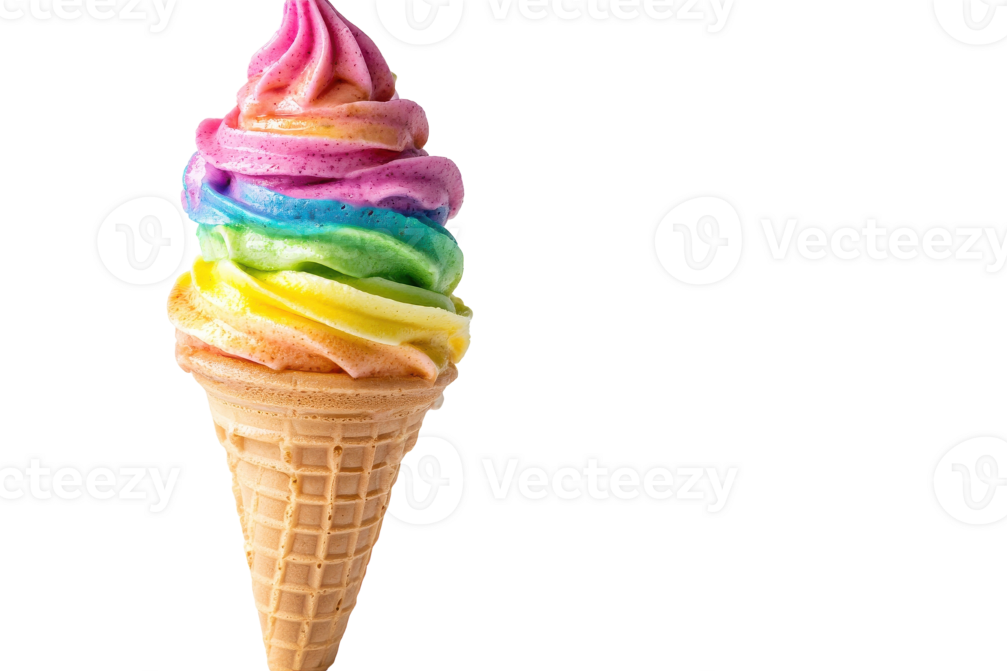 Colorful rainbow ice cream cone with swirls of bright flavors on a warm summer day png